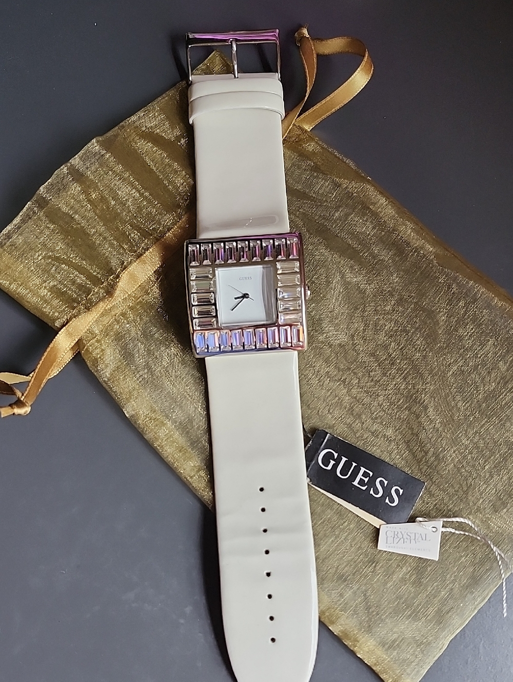 GUESS Cream Strap Watch with Multi-Tone Crystal Square Bezel